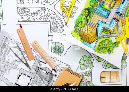 Plans of landscape designer with stationery, closeup Stock Photo