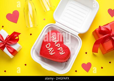 Composition with tasty bento cake and glasses on light wooden ...