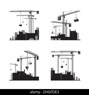 Tower cranes on construction site icons set- vector illustration Stock Vector