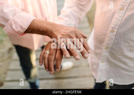 Gay couple putting hands together to show their wedding rings. Stock Photo