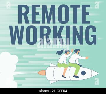 Sign displaying Remote Working, Business concept style that allows professionals to work outside of an office Illustration Of Happy Partners Riding On Stock Photo