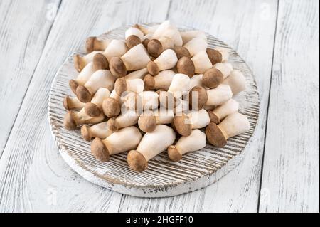 Baby king oyster mushrooms on the cutting board Stock Photo