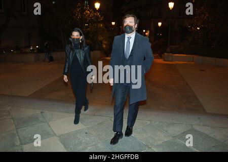 Madrid, Spain. 20th Jan, 2022. Ivan Espinosa de los Monteros and Rocio Monasterio arrive at Santa Barbara church for the funeral of Jaime Ostos.The bullfighter died on January 8th 2022 in Bogota (Colombia), where he was on vacation with his wife, Maria Angeles Grajal. (Photo by Atilano Garcia/SOPA Images/Sipa USA) Credit: Sipa USA/Alamy Live News Stock Photo