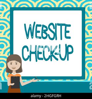 Sign displaying Website Check Up, Business concept an examination of a website to see if something is in order Lady Drawing Standing Holding Clipboard Stock Photo