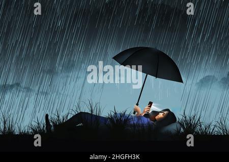 A young woman lies on her back in tall grass in the rain with an umbrella over her as she looks at her cell phone. This is a 3-d illustration.