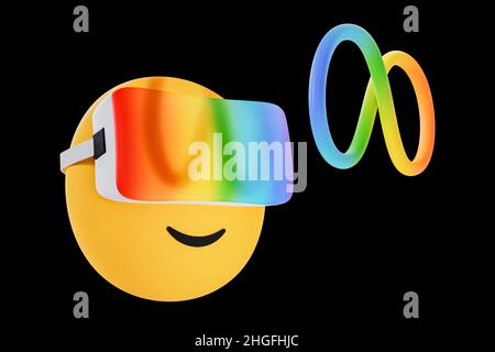 emoji in virtual reality headset with infinity symbol viewing the metaverse concept, 3D illustration Stock Photo