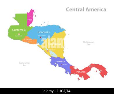 Central America map, separate individual states with state names, color map isolated on white background vector Stock Vector