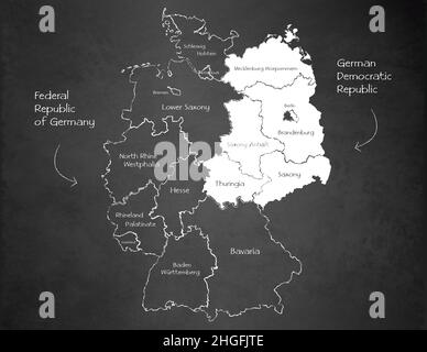 Germany map divided on West and East Germany map, administrative division separates regions and names, design card blackboard chalkboard vector Stock Vector