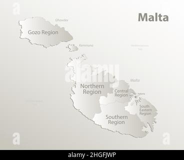 Malta map, Current regions, separates regions and names, card paper 3D natural vector Stock Vector