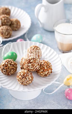 Easter carrot cake truffles or cake pops, childrens holiday treat Stock Photo
