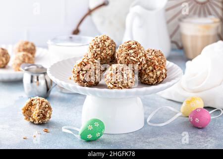 Easter carrot cake truffles or cake pops, childrens holiday treat Stock Photo