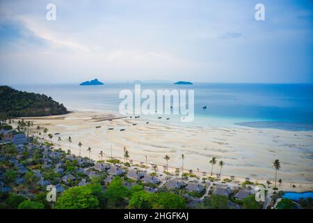 The beautiful idyllic tropical beach of Koh Phi Phi in Thailand photographed with a drone at low tide. Stock Photo