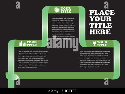 Template design for page layout with green ribbon framing white text on black background. Stock Vector