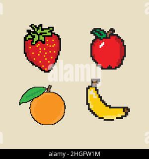 Fruits pixel art icons set apple orange strawberry banana isolated vector illustration.EPS 10 Stock Vector
