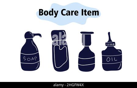 Items and elements for body care. Bathroom items, cosmetics, liquid soap, shampoo, oil. In a solid style. Vector illustration. Stock Vector