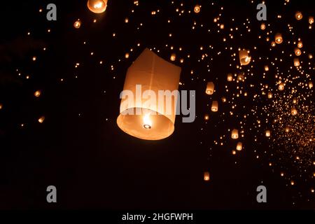 Floating asian lanterns in Yee-Peng festival ,Chiang Mai Thailand Stock Photo