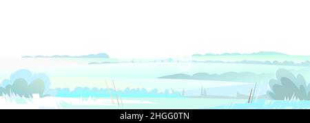 White steppe. Winter rural landscape with cold snow and drifts. Beautiful frosty view of countryside hilly plain. Flat design cartoon style. Isolated Stock Vector