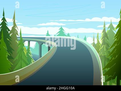 Good asphalt road. Drive through pine forest over bridge. Quality modern empty highway. Suburban intercity pathway. Background illustration. Vector. Stock Vector