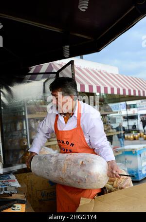 Loading the doner kebab meat on a spit. Istanbul, Turkey. Stock Photo