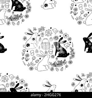 Seamless Easter pattern. Cute Easter bunnies, Easter basket with eggs and flowers, birds and Easter cakes on white background. Vector illustration Stock Vector