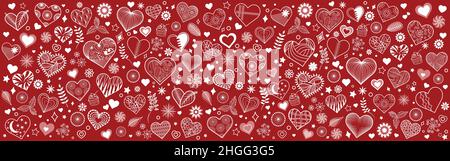 Valentine's hearts doodle banner Vector horizontal red background with hearts Modern hand-drawn design. Graphic resource with different group elements Stock Vector