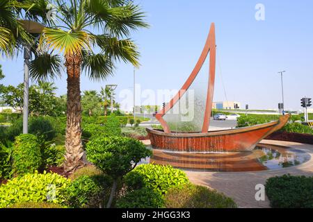 Dhow water feature and statue, The Park, Bahrain Bay, Kingdom of ...