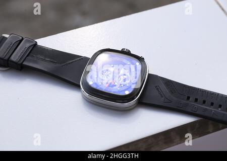 SURABAYA, EAST JAVA - January 15, 2021: selective focus, man hand with Sevenfriday brand watch on a blur background Stock Photo