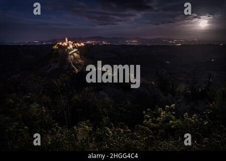 Civita di Bagnoregio,Italy-april 30,2018:view of Civita di Bagnoregio at night.Defined 'the dying city' because it was built on a tuff spur Stock Photo