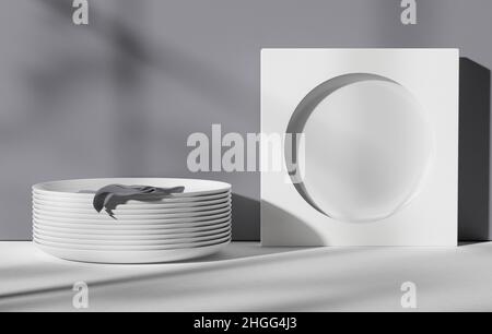 Template of a white plate in a box with a circle, a stack of dishes,  napkin, 3D rendering, on a background with shadows. Concept for advertising cera Stock Photo