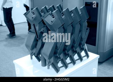 Internal combustion engine prototype printed on 3D printer. close-up. Stock Photo