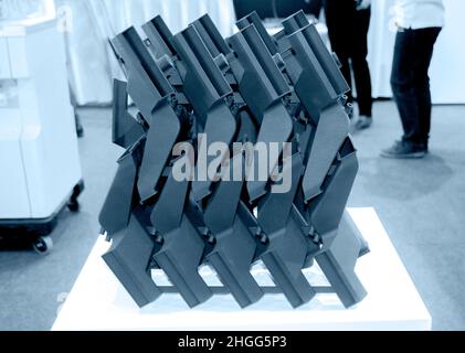 Internal combustion engine prototype printed on 3D printer. close-up. Stock Photo