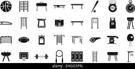 School gym icons set simple vector. Club equipment. Room bag Stock Vector