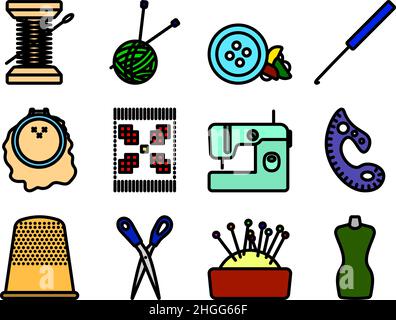 Sewing Icon Set. Editable Bold Outline With Color Fill Design. Vector Illustration. Stock Vector