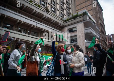 Women demonstrate in support of the decriminalization of Abortions outside the Colombian Constitutional Court house in Bogota, Colombia on January 20, Stock Photo