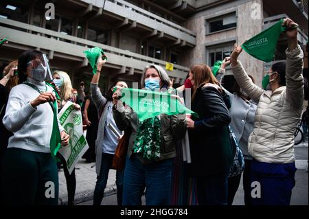 Women demonstrate in support of the decriminalization of Abortions outside the Colombian Constitutional Court house in Bogota, Colombia on January 20, Stock Photo