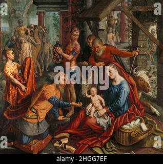 Netherlands/Middle East: 'The Adoration of the Magi'. Oil on panel painting by Pieter Aertsen (c. 1508 - 3 June 1575), 1560.  According to Christianity, the Three Kings, or Three Wise Men, travelled from the East to Bethlehem to pay homage to the newly born Messiah, the son of God. Cradled in his mother the Virgin Mary’s hands, the baby Jesus holds up his hand in a blessing. Before him kneels King Melchior, offering a gift of gold. Joseph, Mary's husband, stands behind in red. Stock Photo