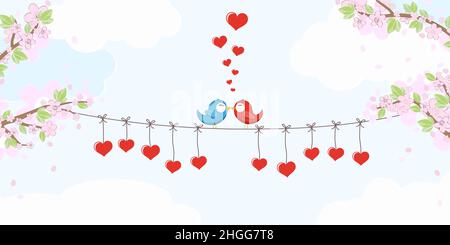 eps vector file with red and blue colored birds in love, sitting on an string, branches with blossoms and green leaves in spring time, hanging hearts, Stock Vector