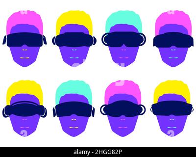 Heads in virtual reality glasses set isolated on white background. Human face in VR headset in pop art style. Virtual reality glasses for access to th Stock Vector