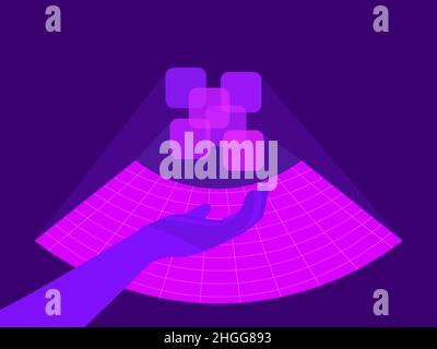 View from the eyes of virtual reality. Hand in cyberspace. Manual control of virtual reality. Metaverse space, interface. VR technology. Vector illust Stock Vector
