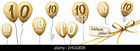 eps vector illustration file with business golden jubilee balloons, text in english and german for 10 years anniversary Stock Vector