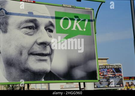 Archives 90ies: French President Jacques Chirac says OK, Poster in a street of Lyon, Preparation of G7 international Conference, Lyon, France, 1996 Stock Photo