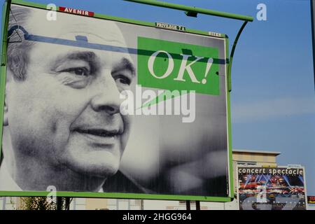 Archives 90ies: French President Jacques Chirac says OK, Poster in a street of Lyon, Preparation of G7 international Conference, Lyon, France, 1996 Stock Photo