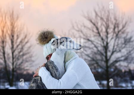 Woman embracing her dog in winter sunset. Friendship between pet owner and her whippet greyhound Stock Photo