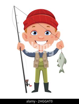 Fisherman with fishing rod and fish. Cheerful fisher cartoon