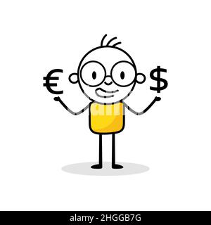 Businessman with euro and dollar sign isolated on white background. Hand drawn doodle line art man. Vector stock illustration. Stock Vector