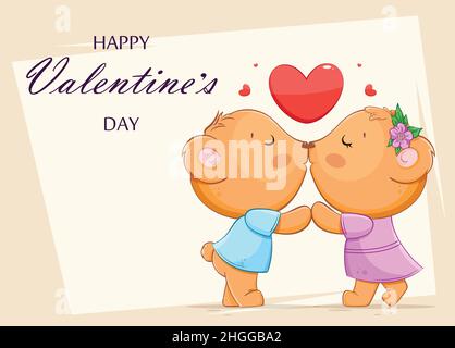 Happy Valentines day greeting card with two kissing bears. Cute bears cartoon characters. Stock vector illustration Stock Vector