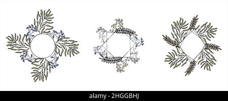 Floral vector doodle design frames. Hand drawn decorative leaves and wreaths. Flower ornament dividers for 8 march. Tree branches with leaf and Stock Vector