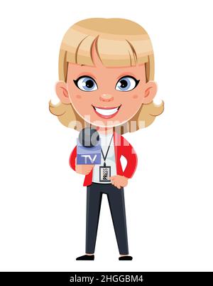 Journalist woman cartoon character. Funny lady reporter holding microphone. Stock vector illustration on white background. Stock Vector