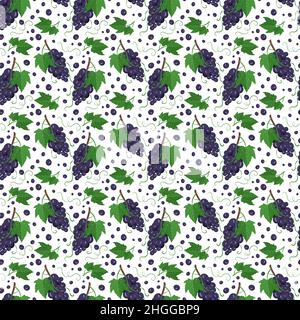 Seamless pattern with dark grapes on branches with berries and leaves. Sweet healthy food print, wholesome delicious dessert background. Vector flat illustration Stock Vector