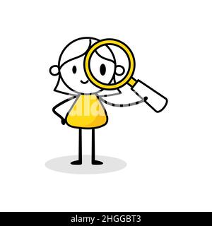 Businesswoman with a magnifying glass isolated on white background. Hand drawn doodle line art woman. Vector stock illustration. Stock Vector